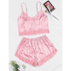 Pink Striped Print Cami + Shorts 2 Piece Pajamas